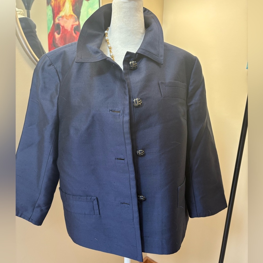 Talbots Navy Silk Wool Blend Cropped Trench Coat Blazer Enameled Buttons XL